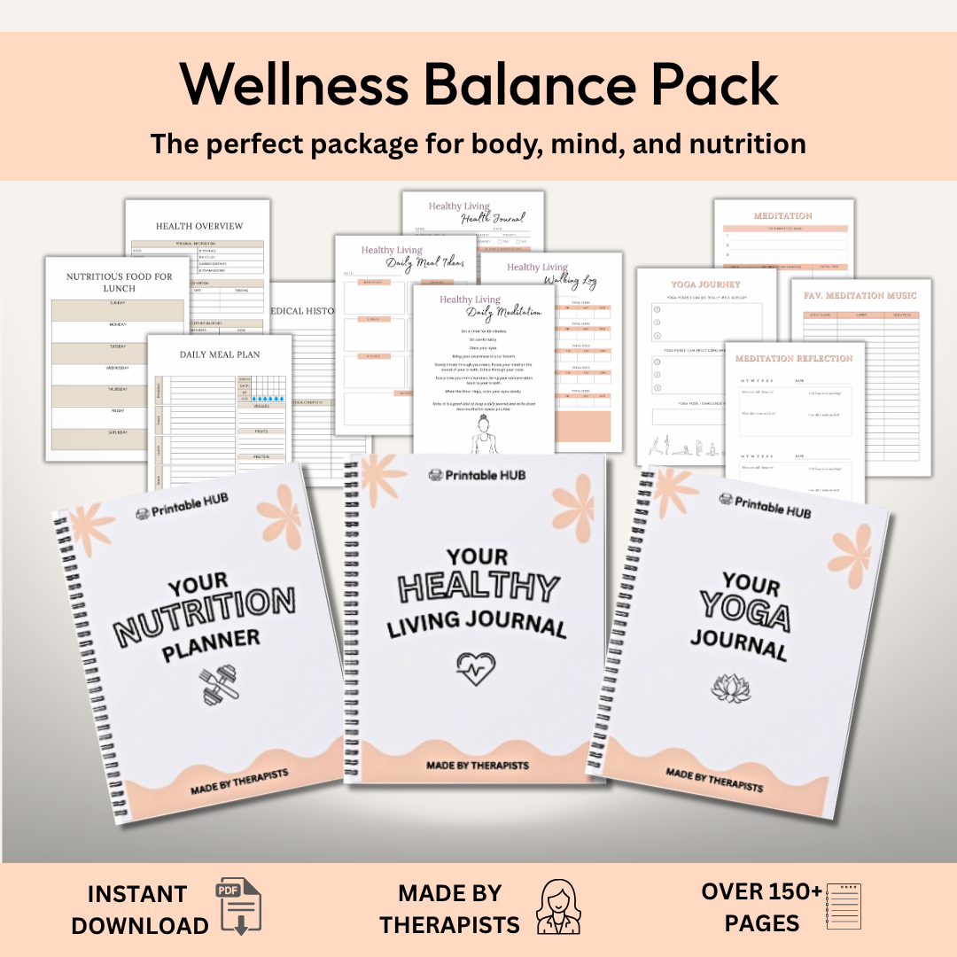 Wellness Balance Pack – 3-in-1 Nutrition, Mindfulness & Yoga Printable Set (250+ Pages)